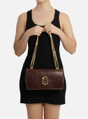Bolsa Tiracolo Marrom Couro Média Metal Dourado