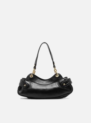 Bolsa Shoulder Preta Couro Média Ilhós