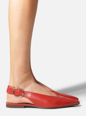 Sapatilha Vermelha Couro Bico Fino Fivela Slingback
