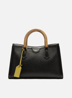Bolsa Tote Preta Couro Média Alça Madeira