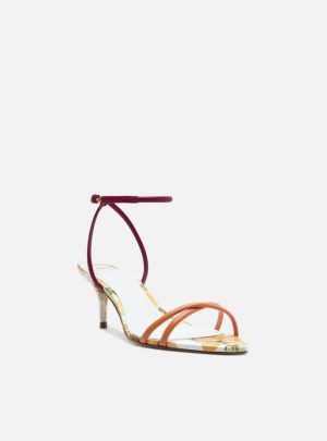 Sandália Multicolorida Estampa Floral Couro Salto Fino Médio Tiras