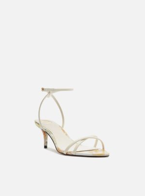 Sandália Multicolorida Estampa Floral Couro Salto Fino Médio Tiras